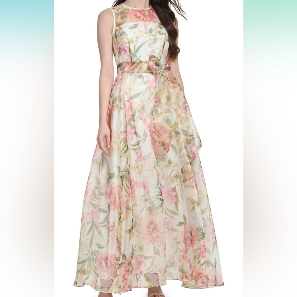 Eliza J Women's Gown Style Floral Organza Sleeveless Jewel Neck Dress size 6